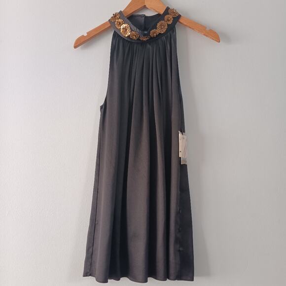 Milly Black Silk Halter Blouse Metal Flower Detail 8 NWT - Picture 1 of 13